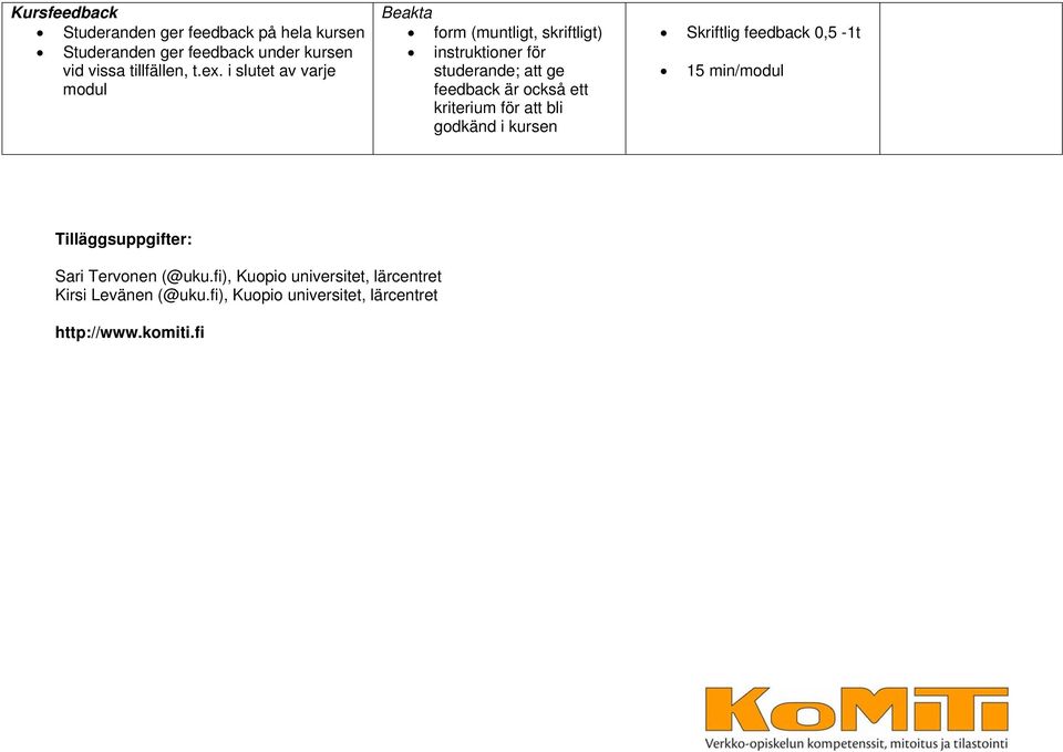 kriterium för att bli godkänd i kursen Skriftlig feedback 0,5-1t 15 min/modul Tilläggsuppgifter: Sari Tervonen