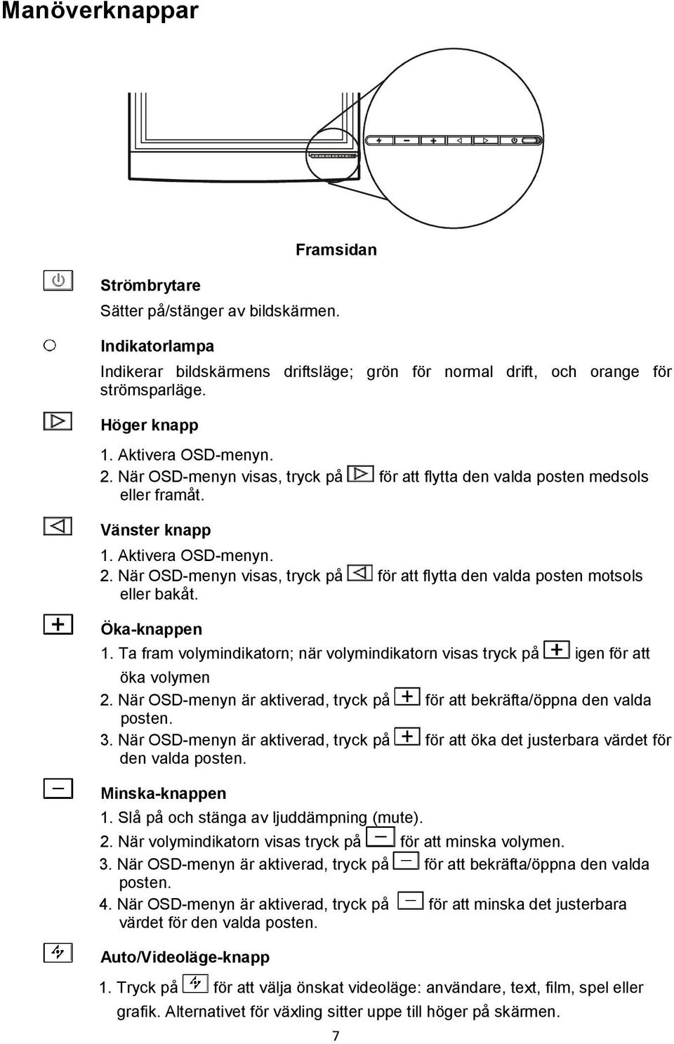 Öka-knappen 1. Ta fram volymindikatorn; när volymindikatorn visas tryck på igen för att öka volymen 2. När OSD-menyn är aktiverad, tryck på för att bekräfta/öppna den valda posten. 3.