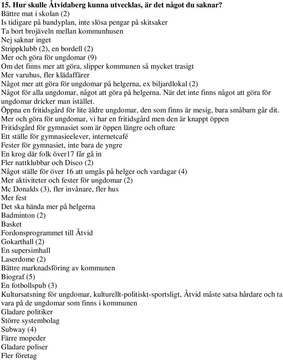 det finns mer att göra, slipper kommunen så mycket trasigt Mer varuhus, fler klädaffärer Något mer att göra för ungdomar på helgerna, ex biljardlokal (2) Något för alla ungdomar, något att göra på