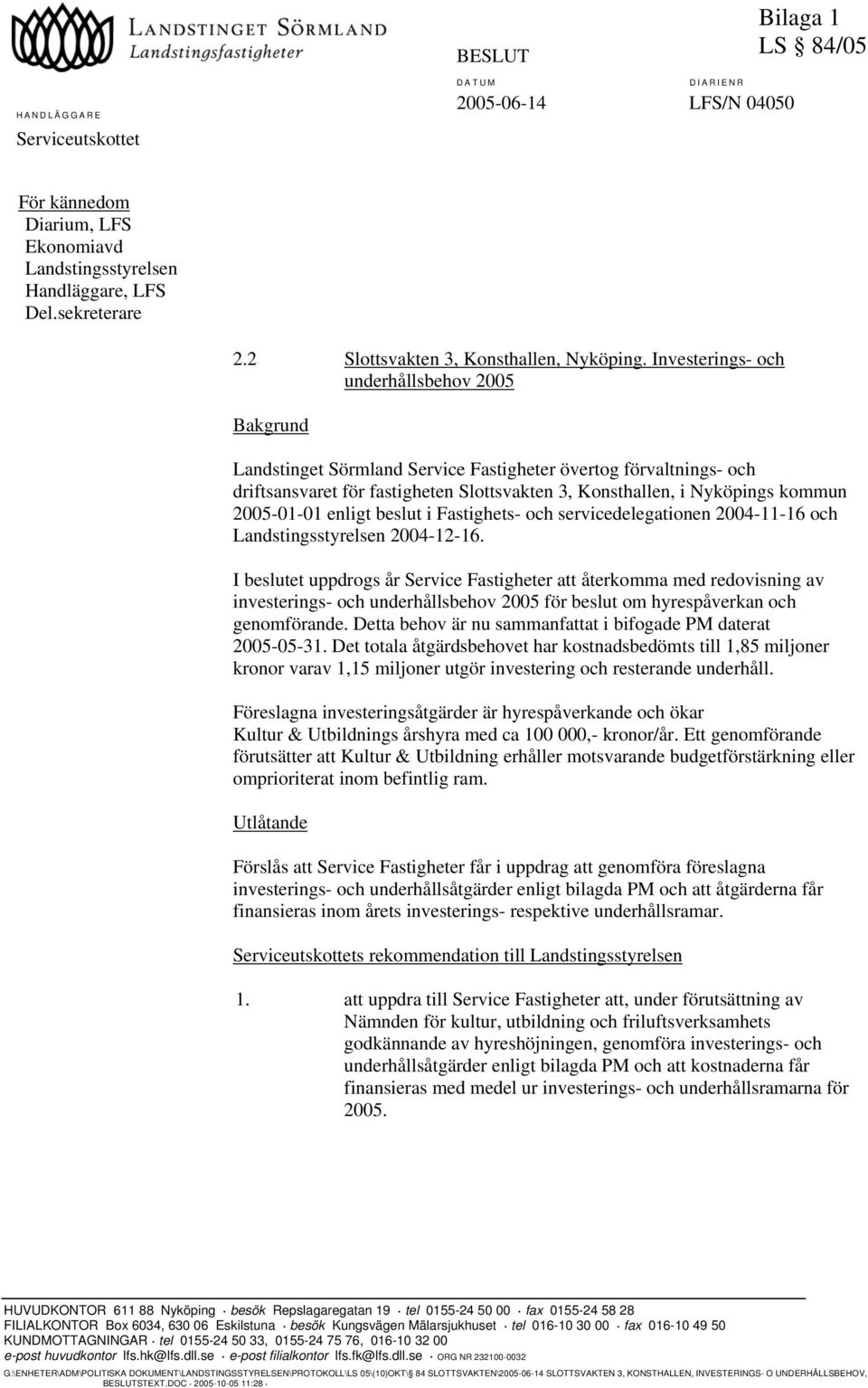 Investerings- och underhållsbehov 2005 Bakgrund Landstinget Sörmland Service Fastigheter övertog förvaltnings- och driftsansvaret för fastigheten Slottsvakten 3, Konsthallen, i Nyköpings kommun