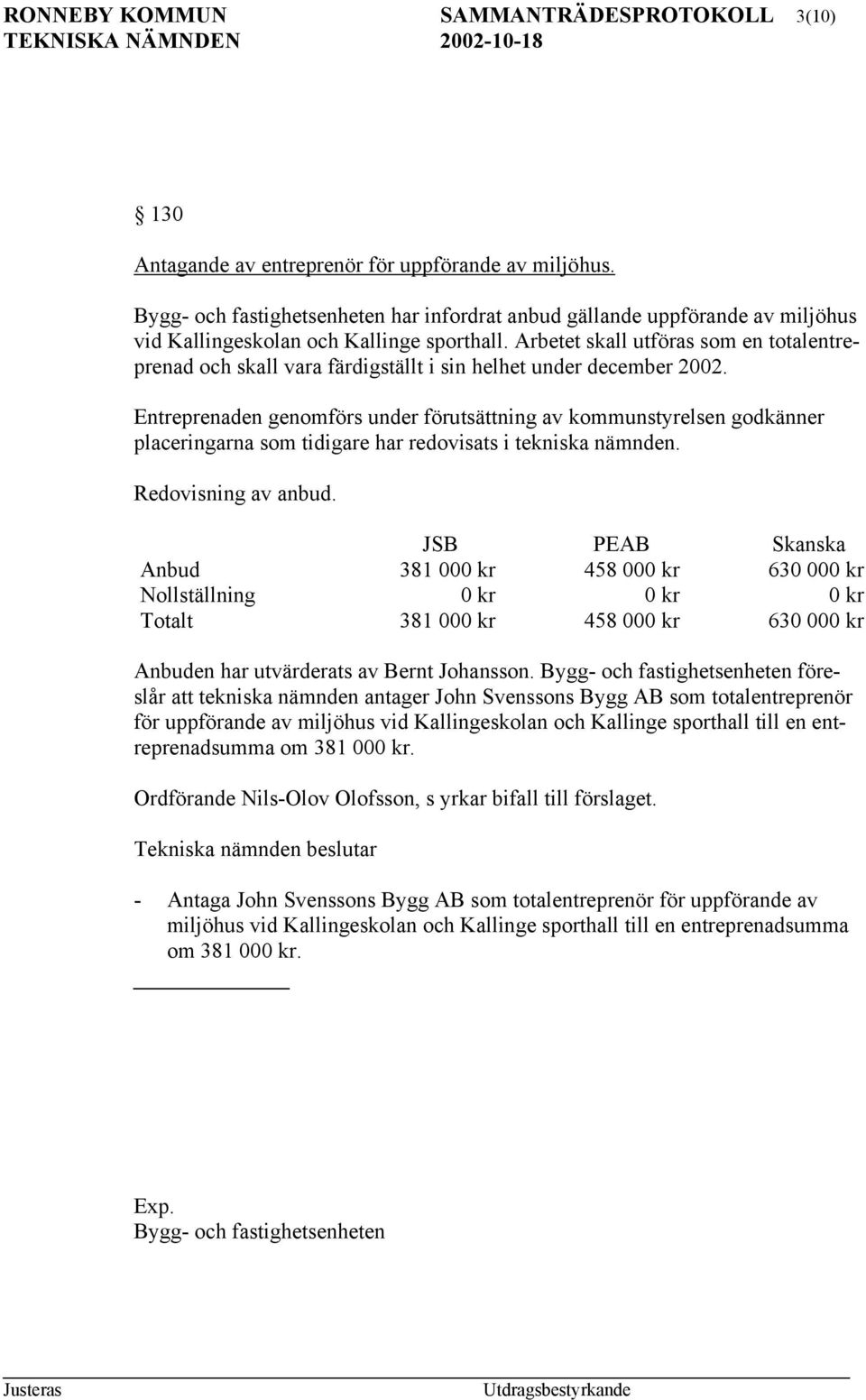 Arbetet skall utföras som en totalentreprenad och skall vara färdigställt i sin helhet under december 2002.