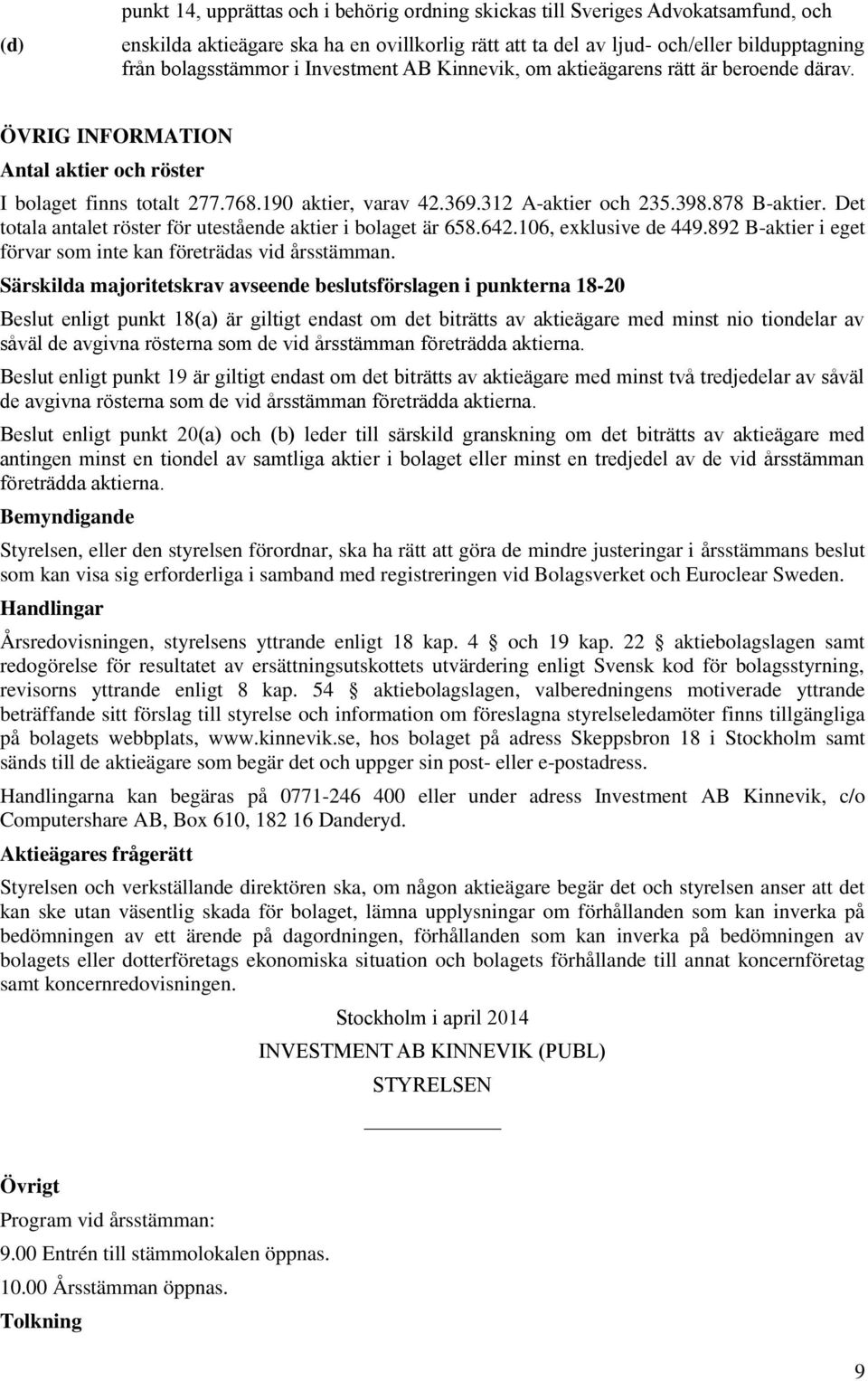 878 B-aktier. Det totala antalet röster för utestående aktier i bolaget är 658.642.106, exklusive de 449.892 B-aktier i eget förvar som inte kan företrädas vid årsstämman.