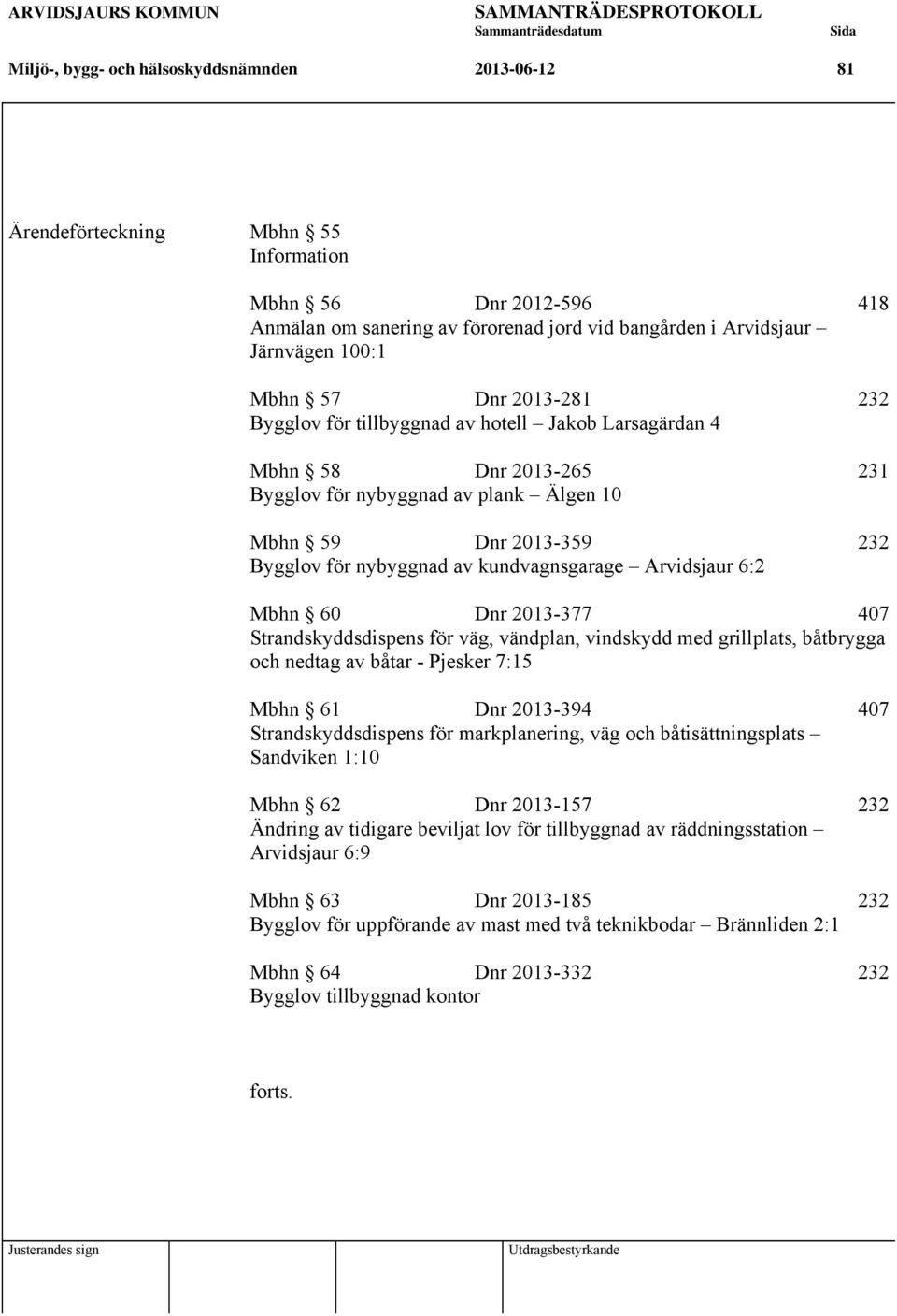 kundvagnsgarage Arvidsjaur 6:2 Mbhn 60 Dnr 2013-377 407 Strandskyddsdispens för väg, vändplan, vindskydd med grillplats, båtbrygga och nedtag av båtar - Pjesker 7:15 Mbhn 61 Dnr 2013-394 407