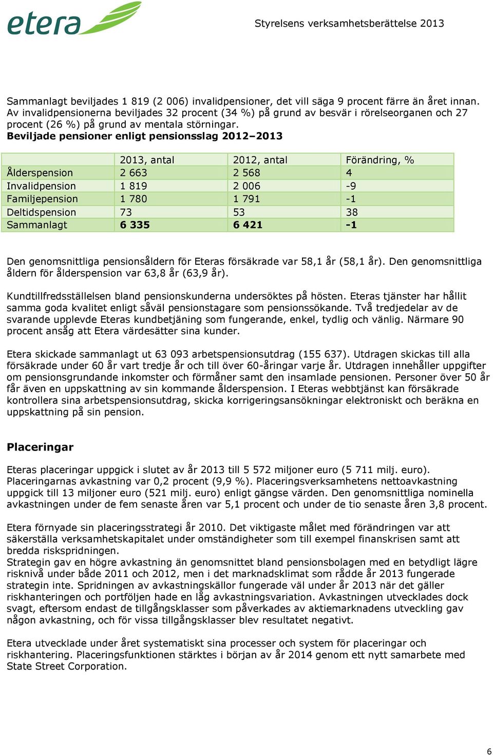 Beviljade pensioner enligt pensionsslag 2012 2013 2013, antal 2012, antal Förändring, % Ålderspension 2 663 2 568 4 Invalidpension 1 819 2 006-9 Familjepension 1 780 1 791-1 Deltidspension 73 53 38