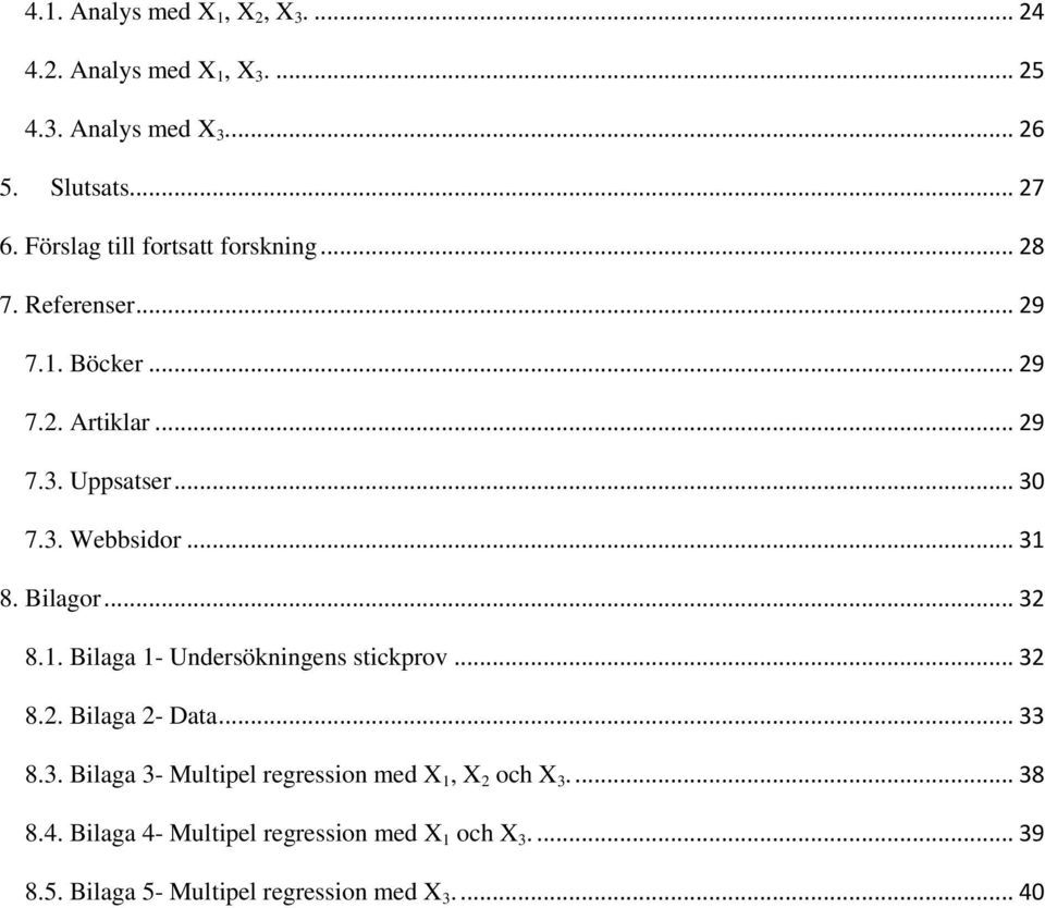 .. 31 8. Bilagor... 32 8.1. Bilaga 1- Undersökningens stickprov... 32 8.2. Bilaga 2- Data... 33 8.3. Bilaga 3- Multipel regression med X 1, X 2 och X 3.