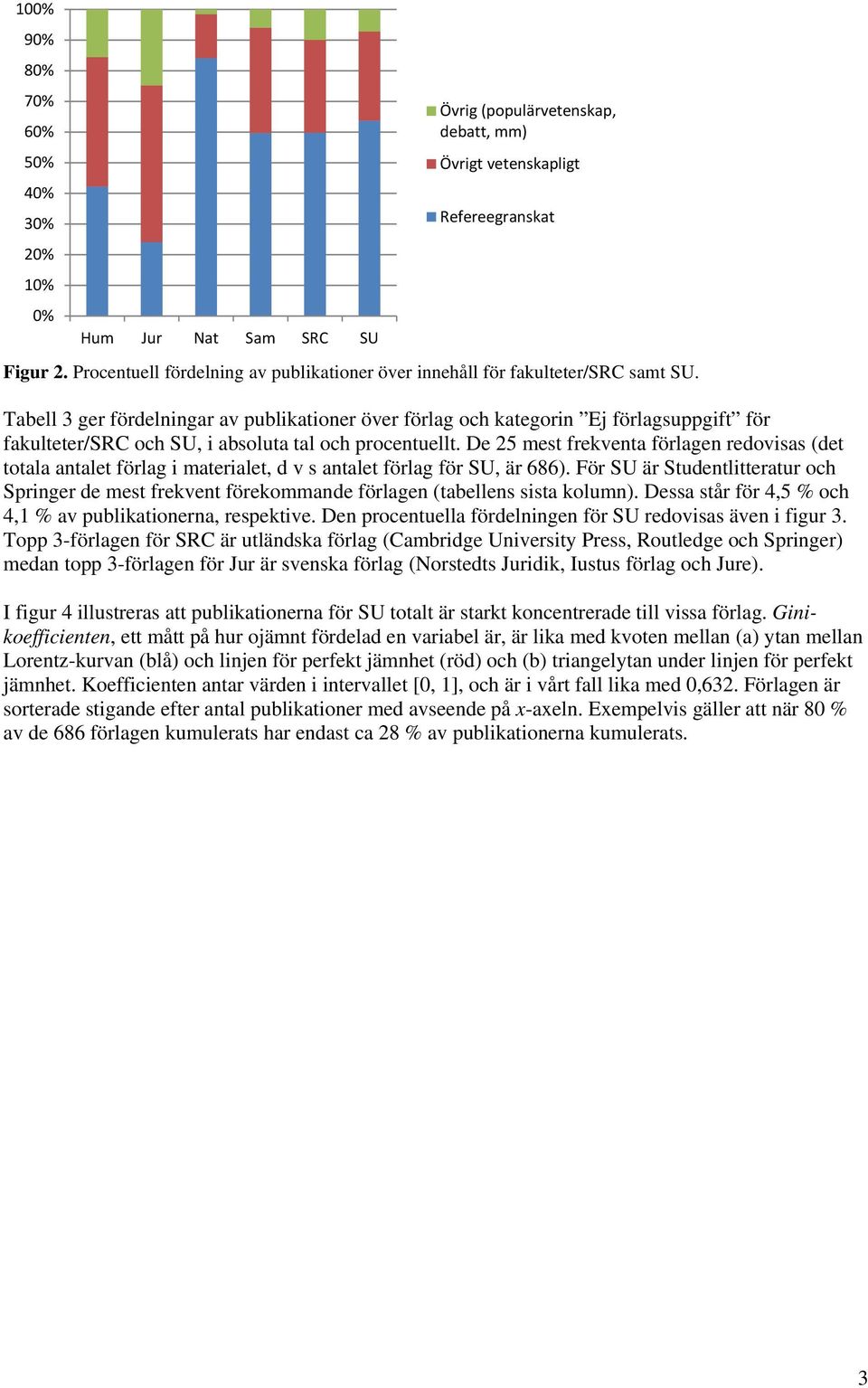 Tabell 3 ger fördelningar av publikationer över förlag och kategorin Ej förlagsuppgift för fakulteter/src och SU, i absoluta tal och procentuellt.