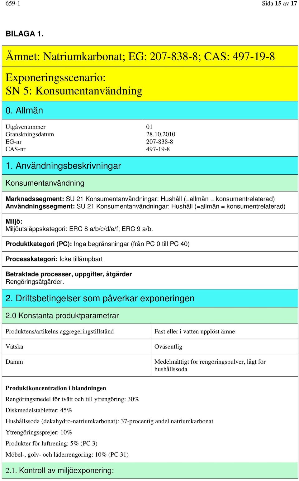 Användningsbeskrivningar Konsumentanvändning Marknadssegment: SU 21 Konsumentanvändningar: Hushåll (=allmän = konsumentrelaterad) Användningssegment: SU 21 Konsumentanvändningar: Hushåll (=allmän =