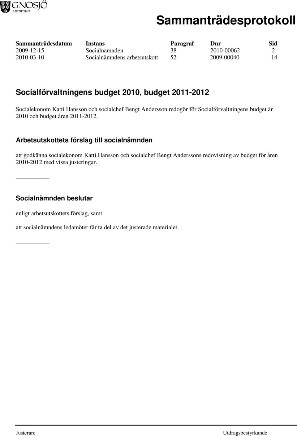 Arbetsutskottets förslag till socialnämnden att godkänna socialekonom Katti Hansson och socialchef Bengt Anderssons redovisning av budget för