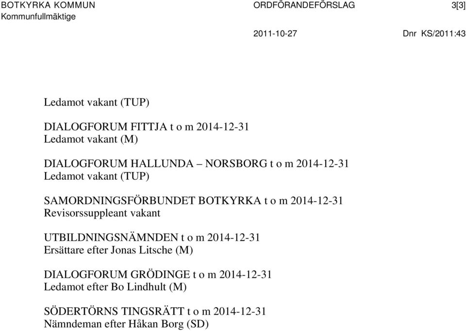 BOTKYRKA t o m 2014-12-31 Revisorssuppleant vakant UTBILDNINGSNÄMNDEN t o m 2014-12-31 Ersättare efter Jonas Litsche (M)