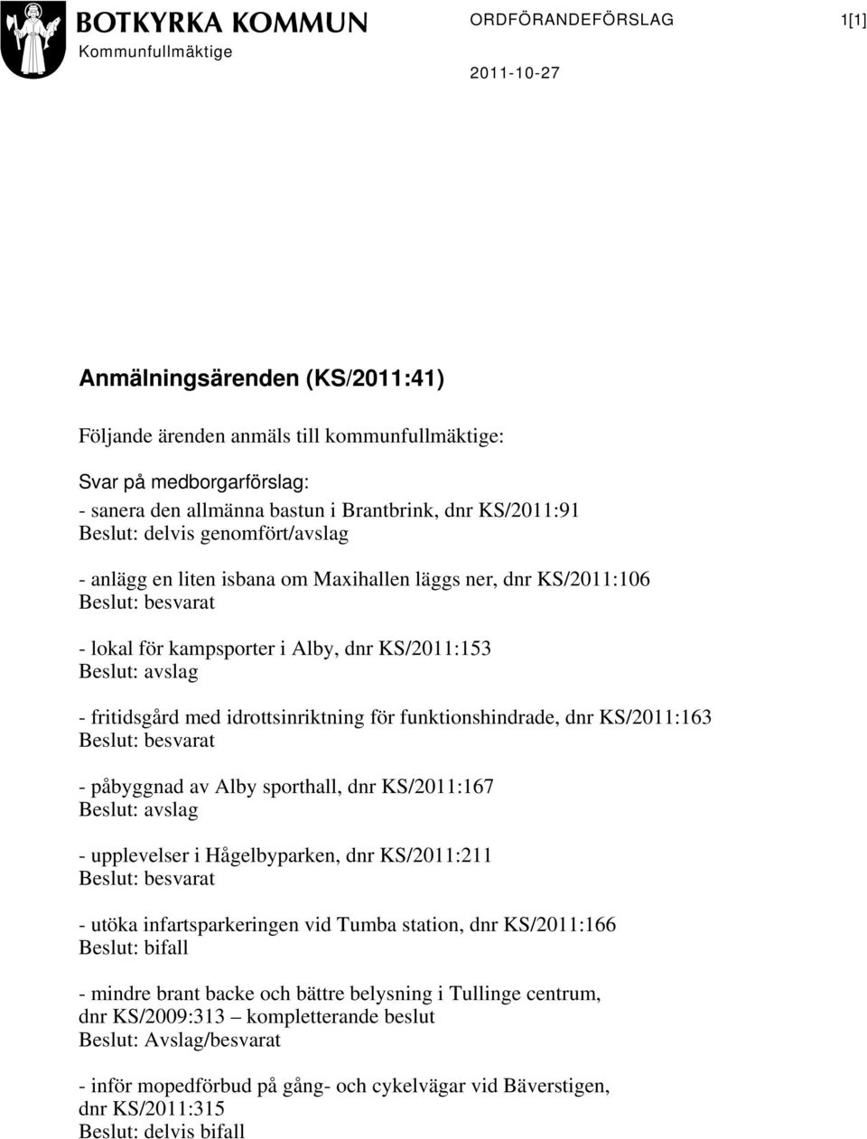 fritidsgård med idrottsinriktning för funktionshindrade, dnr KS/2011:163 Beslut: besvarat - påbyggnad av Alby sporthall, dnr KS/2011:167 Beslut: avslag - upplevelser i Hågelbyparken, dnr KS/2011:211