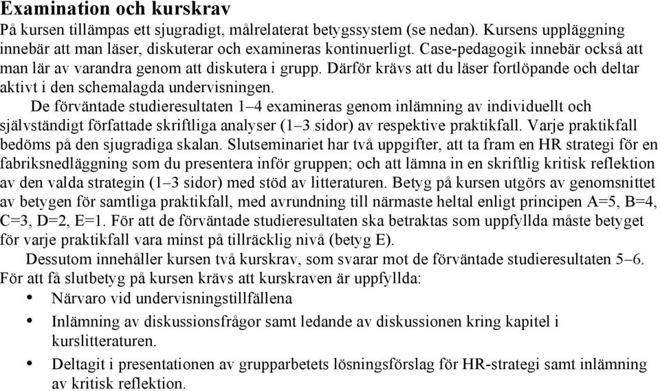 De förväntade studieresultaten 1 4 examineras genom inlämning av individuellt och självständigt författade skriftliga analyser (1 3 sidor) av respektive praktikfall.