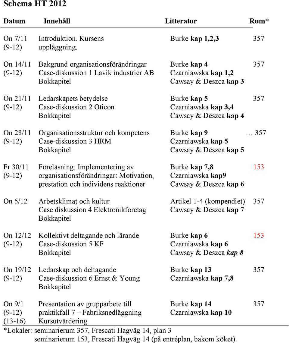 5 357 (9-12) Case-diskussion 2 Oticon Czarniawska kap 3,4 Bokkapitel Cawsay & Deszca kap 4 On 28/11 Organisationsstruktur och kompetens Burke kap 9.