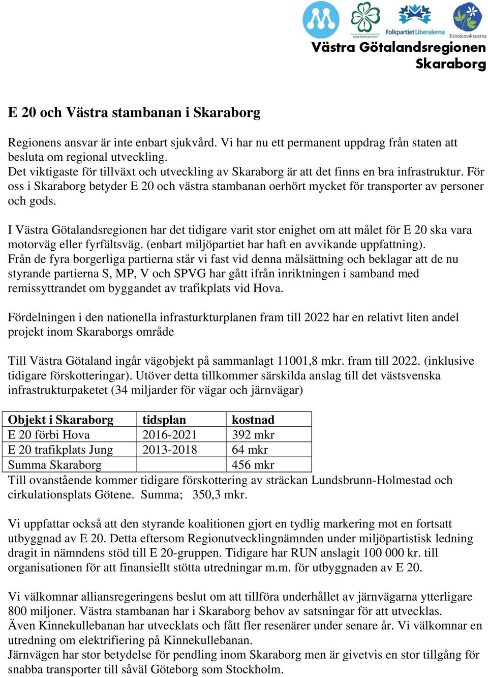 I Västra Götalandsregionen har det tidigare varit stor enighet om att målet för E 20 ska vara motorväg eller fyrfältsväg. (enbart miljöpartiet har haft en avvikande uppfattning).