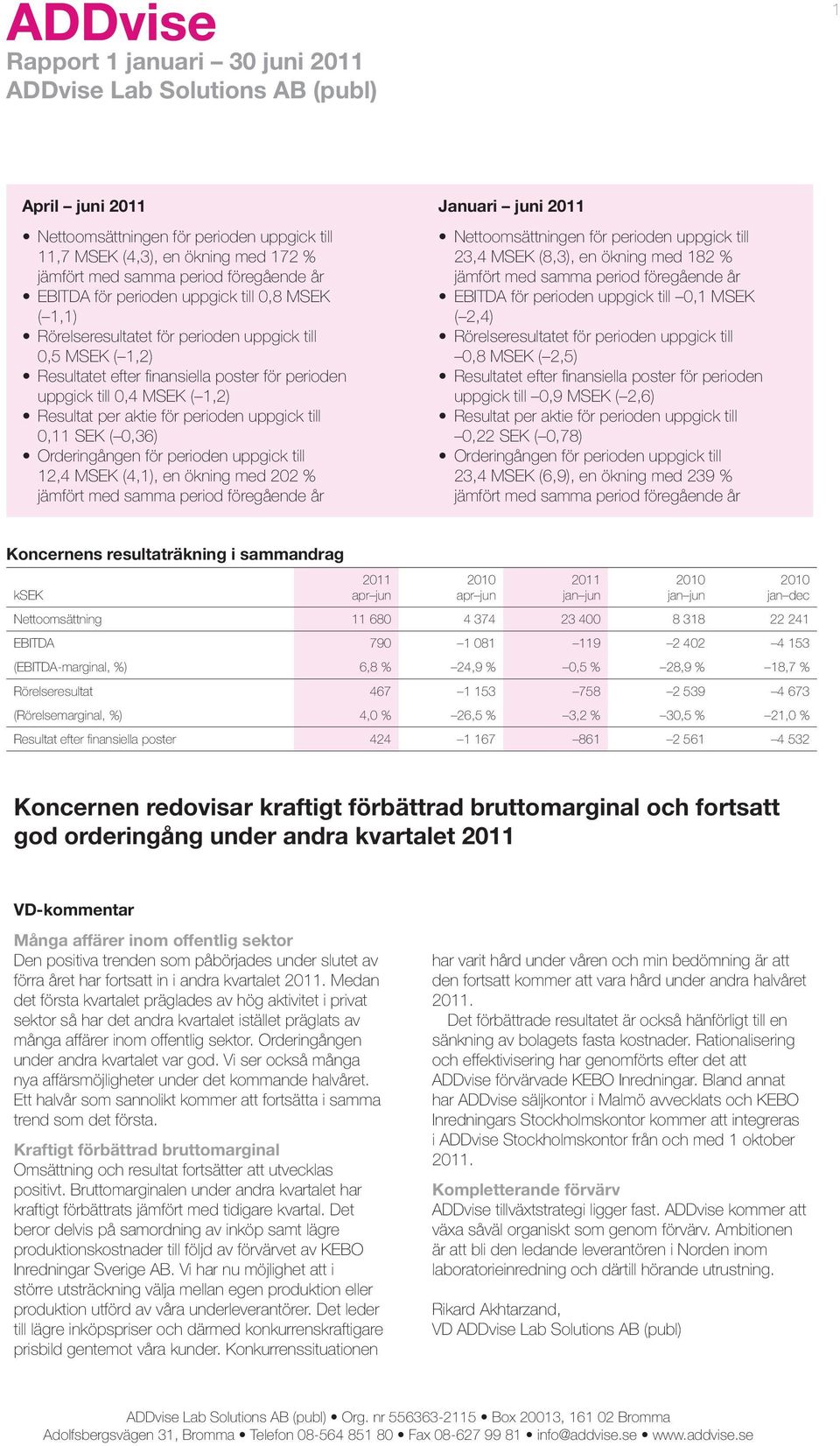 perioden uppgick till 0,11 SEK ( 0,36) Orderingången för perioden uppgick till 12,4 MSEK (4,1), en ökning med 202 % jämfört med samma period föregående år Januari juni Nettoomsättningen för perioden