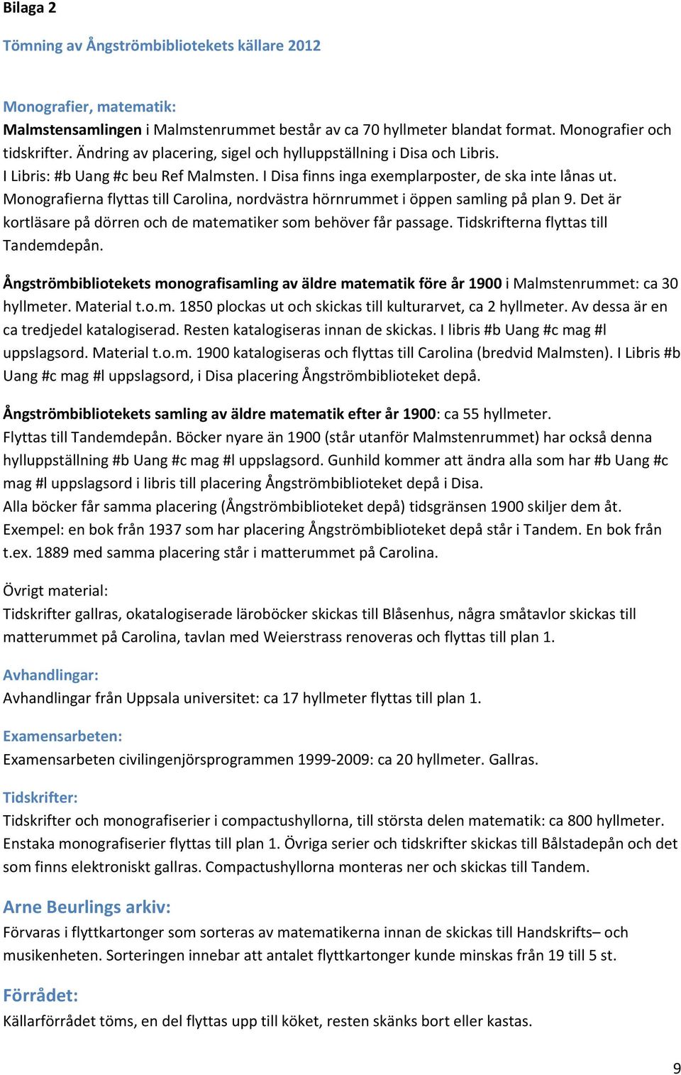 Monografierna flyttas till Carolina, nordvästra hörnrummet i öppen samling på plan 9. Det är kortläsare på dörren och de matematiker som behöver får passage. Tidskrifterna flyttas till Tandemdepån.