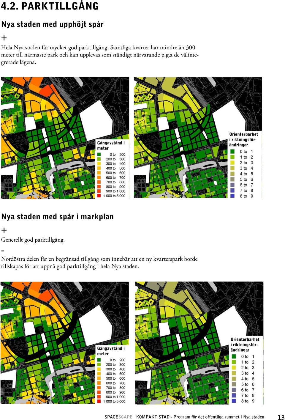 Gångavstånd i meter Orienterbarhet i riktningsförändringar Nya staden med spår i markplan + Generellt god parktillgång.