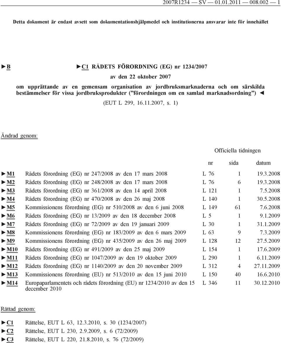 en gemensam organisation av jordbruksmarknaderna och om särskilda bestämmelser för vissa jordbruksprodukter ( förordningen om en samlad marknadsordning ) (EUT L 299, 16.11.2007, s.