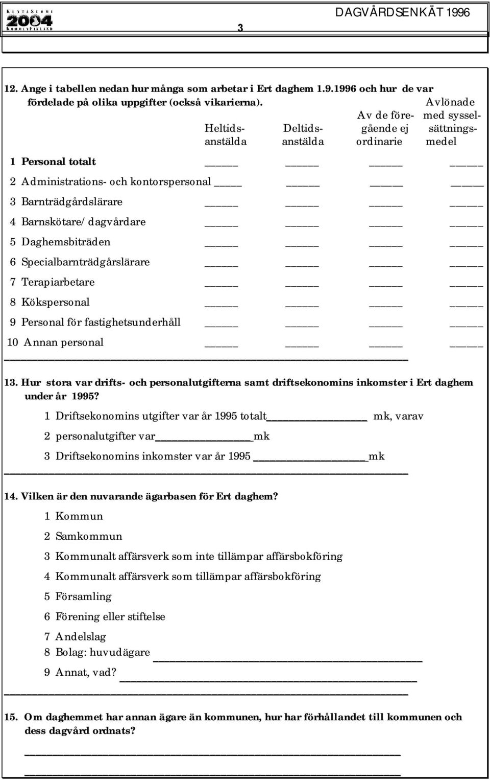 Barnskötare/dagvårdare 5 Daghemsbiträden 6 Specialbarnträdgårslärare 7 Terapiarbetare 8 Kökspersonal 9 Personal för fastighetsunderhåll 10 Annan personal 13.