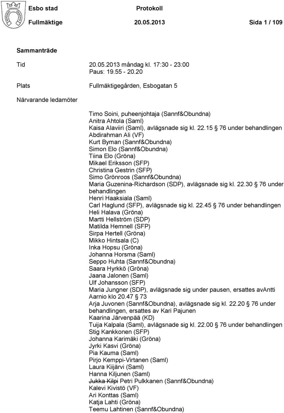 15 76 under behandlingen Abdirahman Ali (VF) Kurt Byman (Sannf&Obundna) Simon Elo (Sannf&Obundna) Tiina Elo (Gröna) Mikael Eriksson (SFP) Christina Gestrin (SFP) Simo Grönroos (Sannf&Obundna) Maria