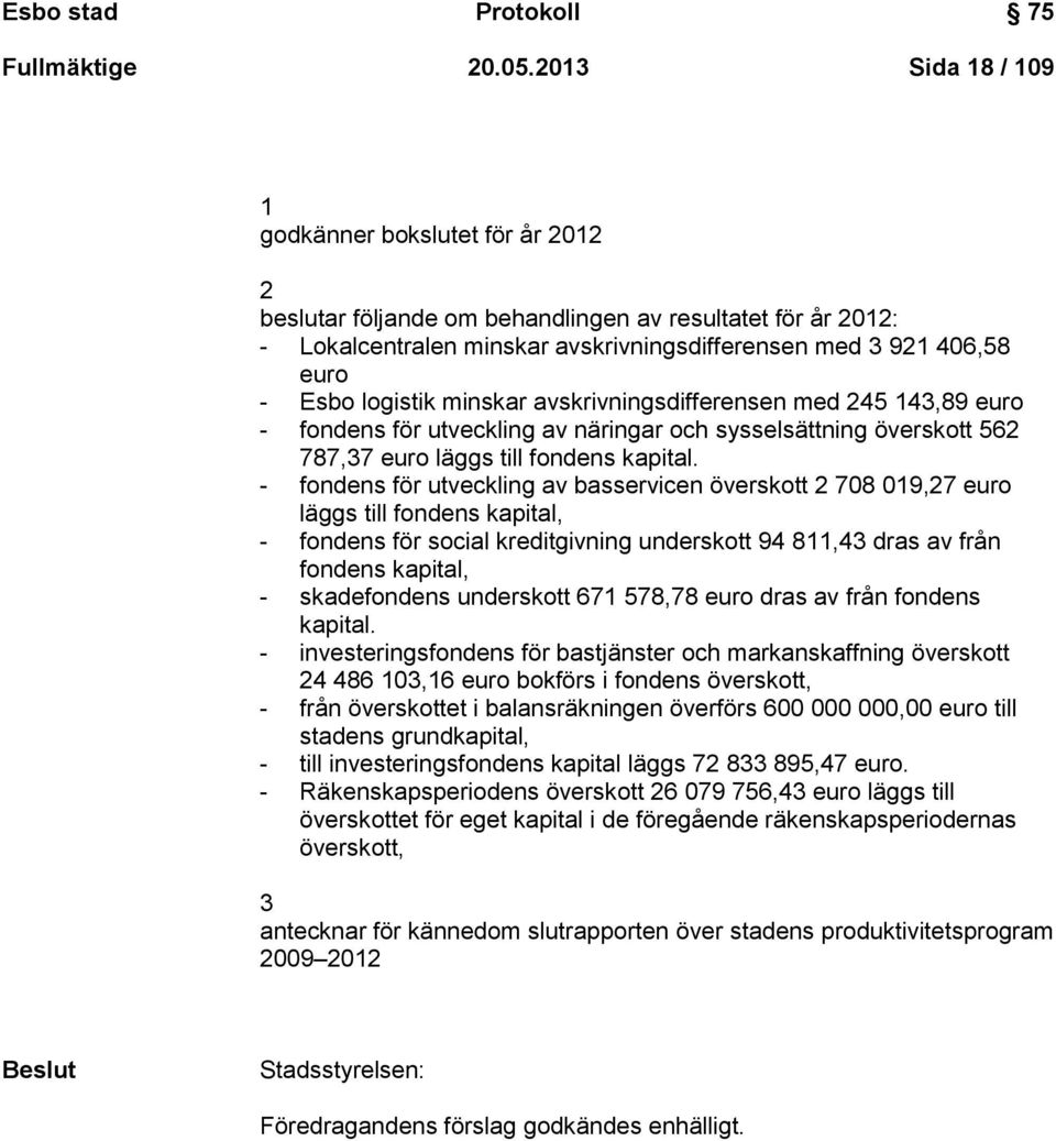 logistik minskar avskrivningsdifferensen med 245 143,89 euro - fondens för utveckling av näringar och sysselsättning överskott 562 787,37 euro läggs till fondens kapital.