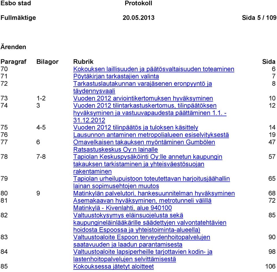 eronpyyntö ja 8 täydennysvaali 73 1-2 Vuoden 2012 arviointikertomuksen hyväksyminen 10 74 3 Vuoden 2012 tilintarkastuskertomus, tilinpäätöksen 12 hyväksyminen ja vastuuvapaudesta päättäminen 1.1. - 31.