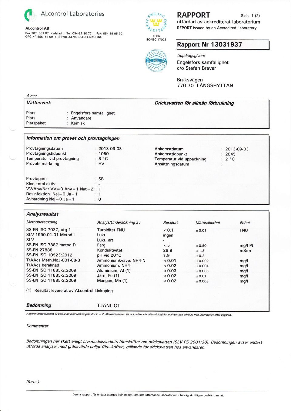 samfällighet Användare lnfrmatin m prvet ch prvtagningen Prvtagningsdatum Prvtagningstidpunkt Temperatur vid prvtagning Prvets märkning : 2O3-09-03 : O5O : 8'C :HV Ankmstdatum Ankmsttidpunkt