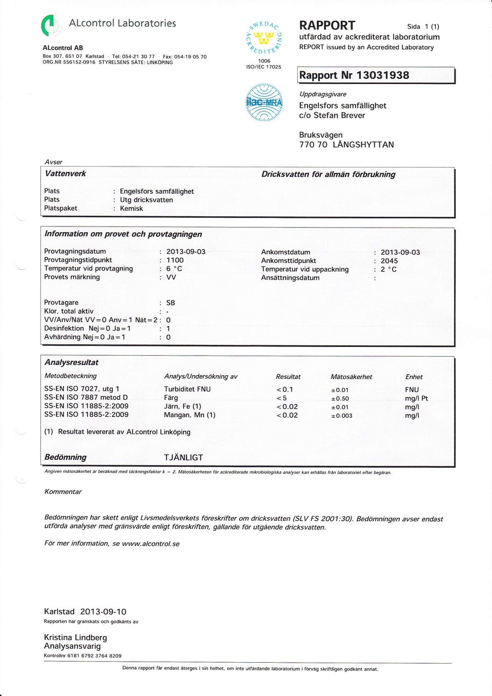 Engelsfrs samfällighet Utg dricksvatten lnfrmatin m prvet ch prvtagningen Prvtagningsdatum Prvtagningstidpunkt Temperatur vid prvtagning Prvets märkning : 203-O9-03 : OO :6C :VV Ankmstdatum