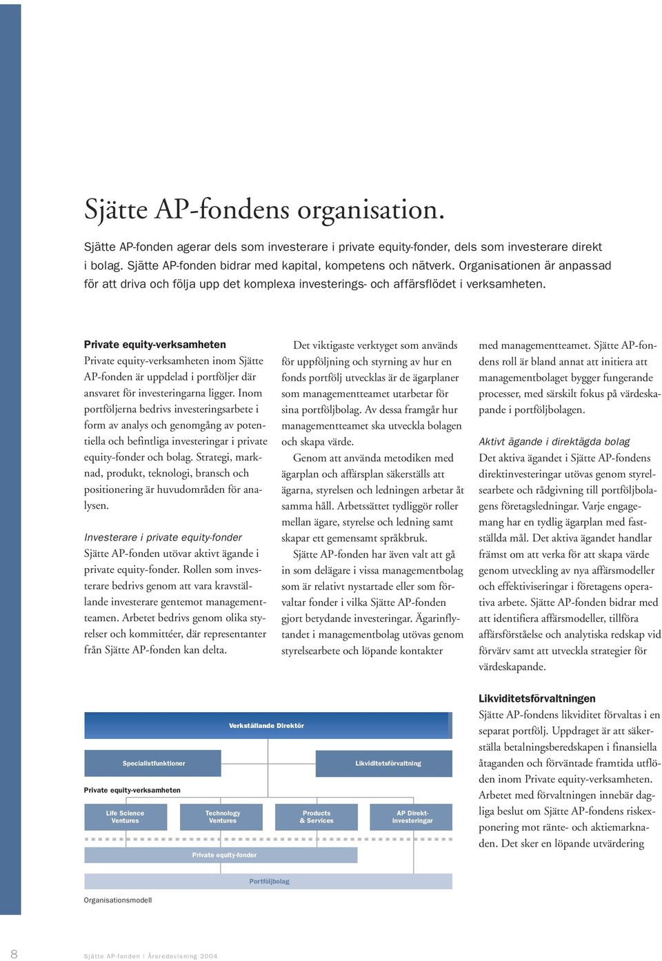 Private equity-verksamheten Private equity-verksamheten inom Sjätte AP-fonden är uppdelad i portföljer där ansvaret för investeringarna ligger.