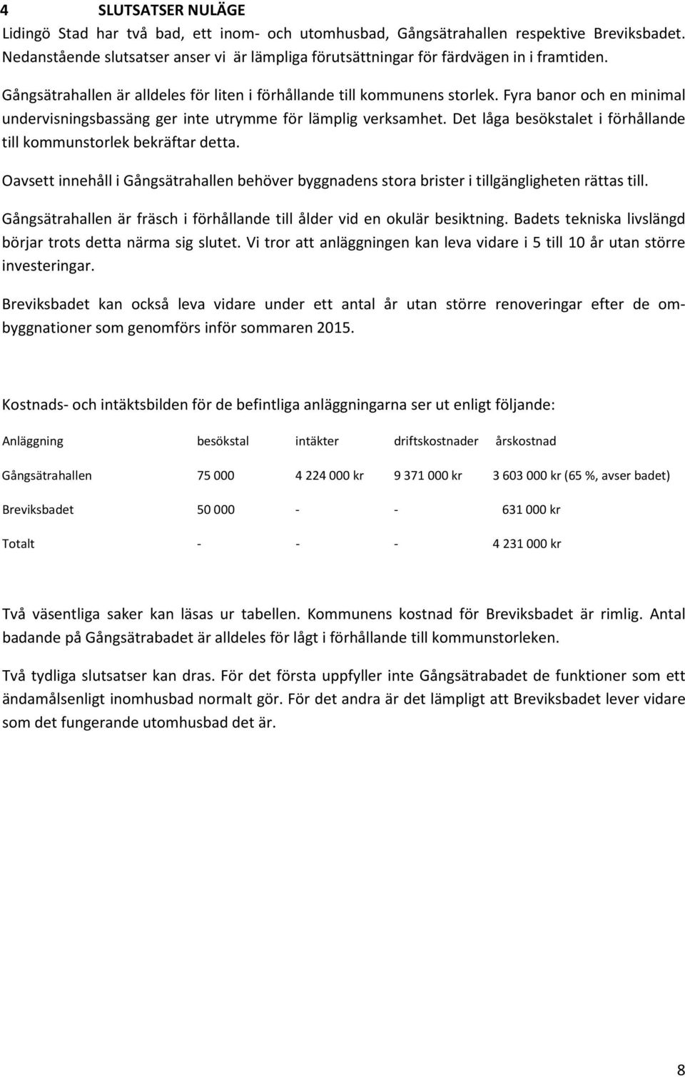 Fyra banor och en minimal undervisningsbassäng ger inte utrymme för lämplig verksamhet. Det låga besökstalet i förhållande till kommunstorlek bekräftar detta.