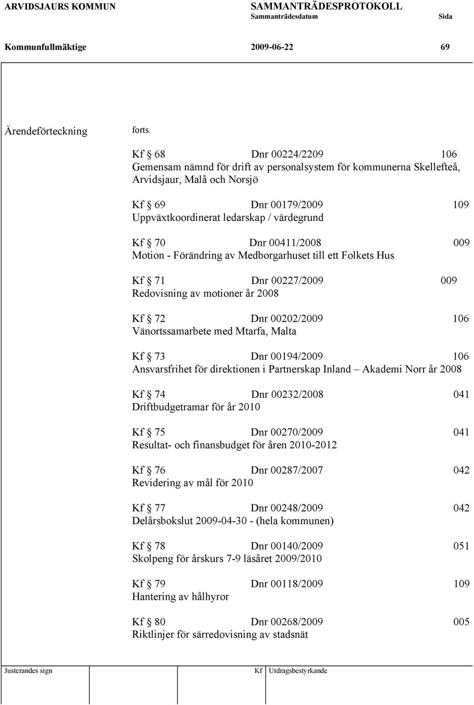 00411/2008 009 Motion - Förändring av Medborgarhuset till ett Folkets Hus Kf 71 Dnr 00227/2009 009 Redovisning av motioner år 2008 Kf 72 Dnr 00202/2009 106 Vänortssamarbete med Mtarfa, Malta Kf 73