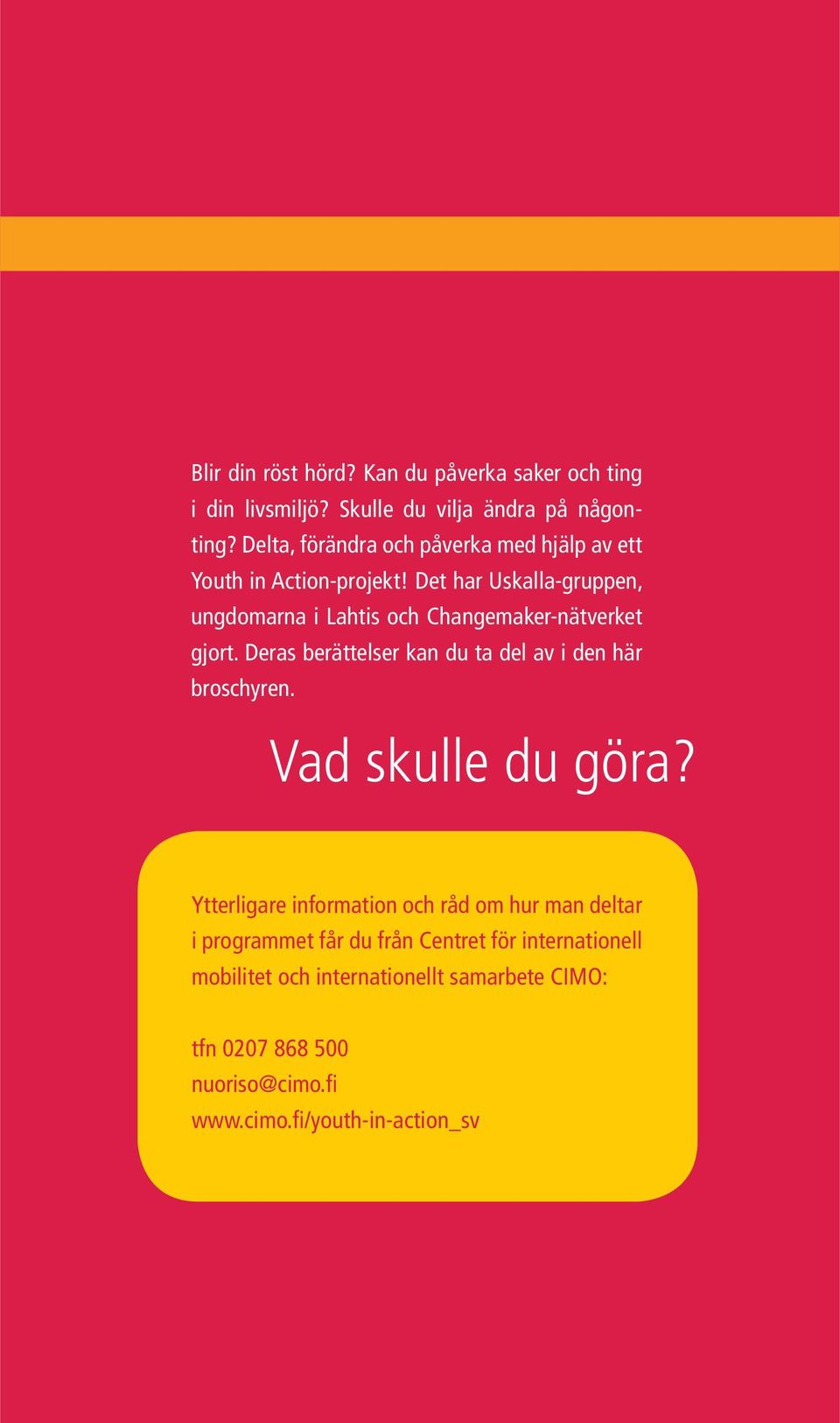 Det har Uskalla-gruppen, ungdomarna i Lahtis och Changemaker-nätverket gjort. Deras berättelser kan du ta del av i den här broschyren.