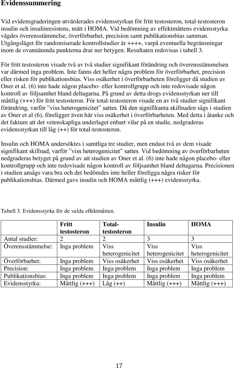 Utgångsläget för randomiserade kontrollstudier är ++++, varpå eventuella begränsningar inom de ovannämnda punkterna drar ner betygen. Resultaten redovisas i tabell 3.