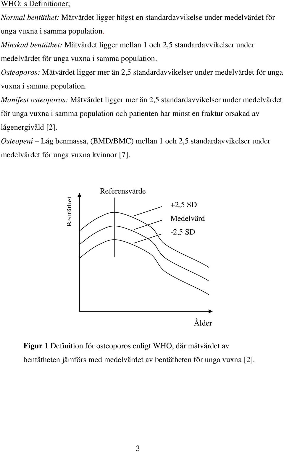 Osteoporos: Mätvärdet ligger mer än 2,5 standardavvikelser under medelvärdet för unga vuxna i samma population.