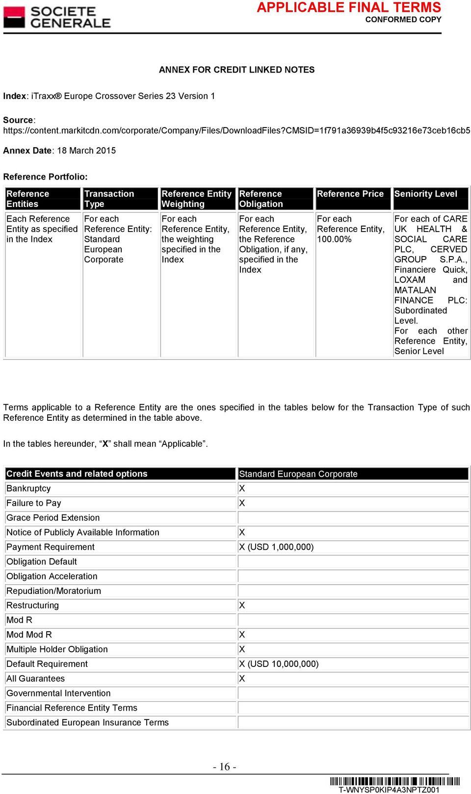 Level Each Reference Entity as specified in the Index For each Reference Entity: Standard European Corporate For each Reference Entity, the weighting specified in the Index For each Reference Entity,