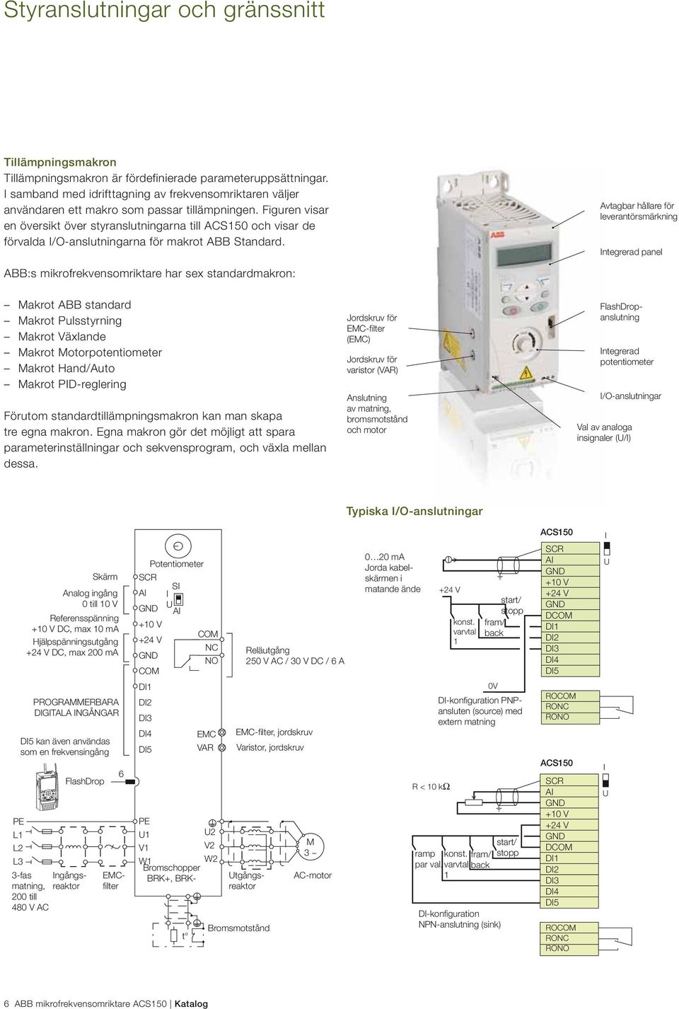 Figuren visar en översikt över styranslutningarna till ACS150 och visar de förvalda I/O-anslutningarna för makrot ABB Standard.