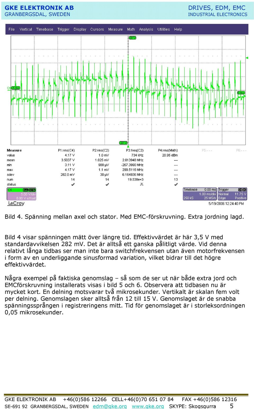 Vid denna relativt långa tidbas ser man inte bara switchfrekvensen utan även motorfrekvensen i form av en underliggande sinusformad variation, vilket bidrar till det högre effektivvärdet.