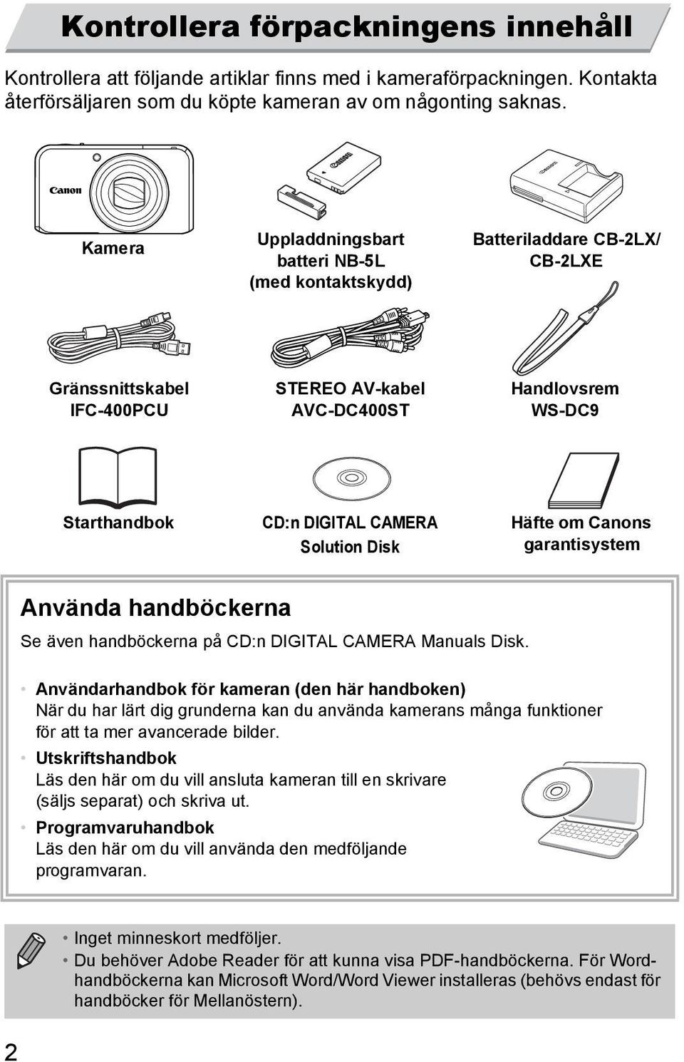 Solution Disk Häfte om Canons garantisystem Använda handböckerna Se även handböckerna på CD:n DIGITAL CAMERA Manuals Disk.