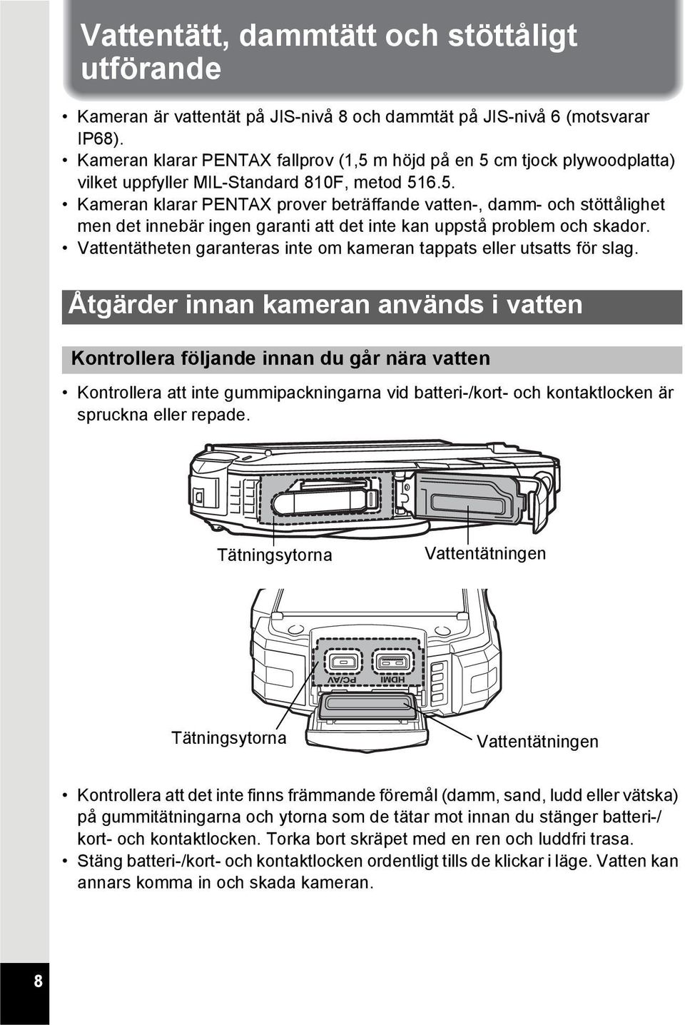 Vattentätheten garanteras inte om kameran tappats eller utsatts för slag.