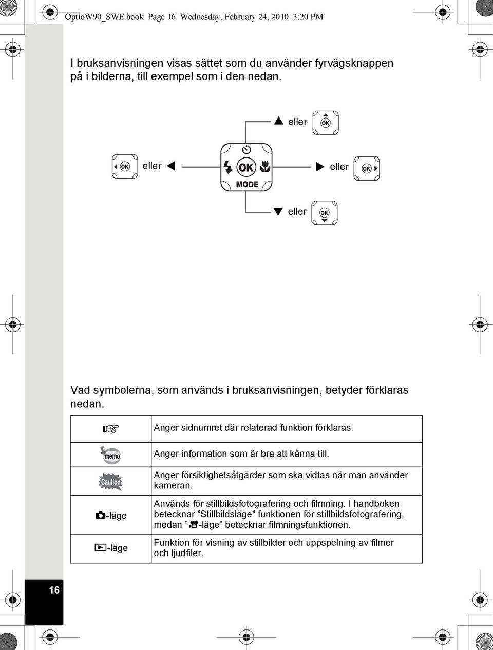 Anger information som är bra att känna till. Anger försiktighetsåtgärder som ska vidtas när man använder kameran. A-läge Q-läge Används för stillbildsfotografering och filmning.