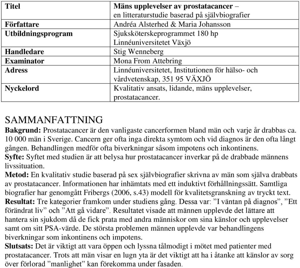 lidande, mäns upplevelser, prostatacancer. SAMMANFATTNING Bakgrund: Prostatacancer är den vanligaste cancerformen bland män och varje år drabbas ca. 10 000 män i Sverige.