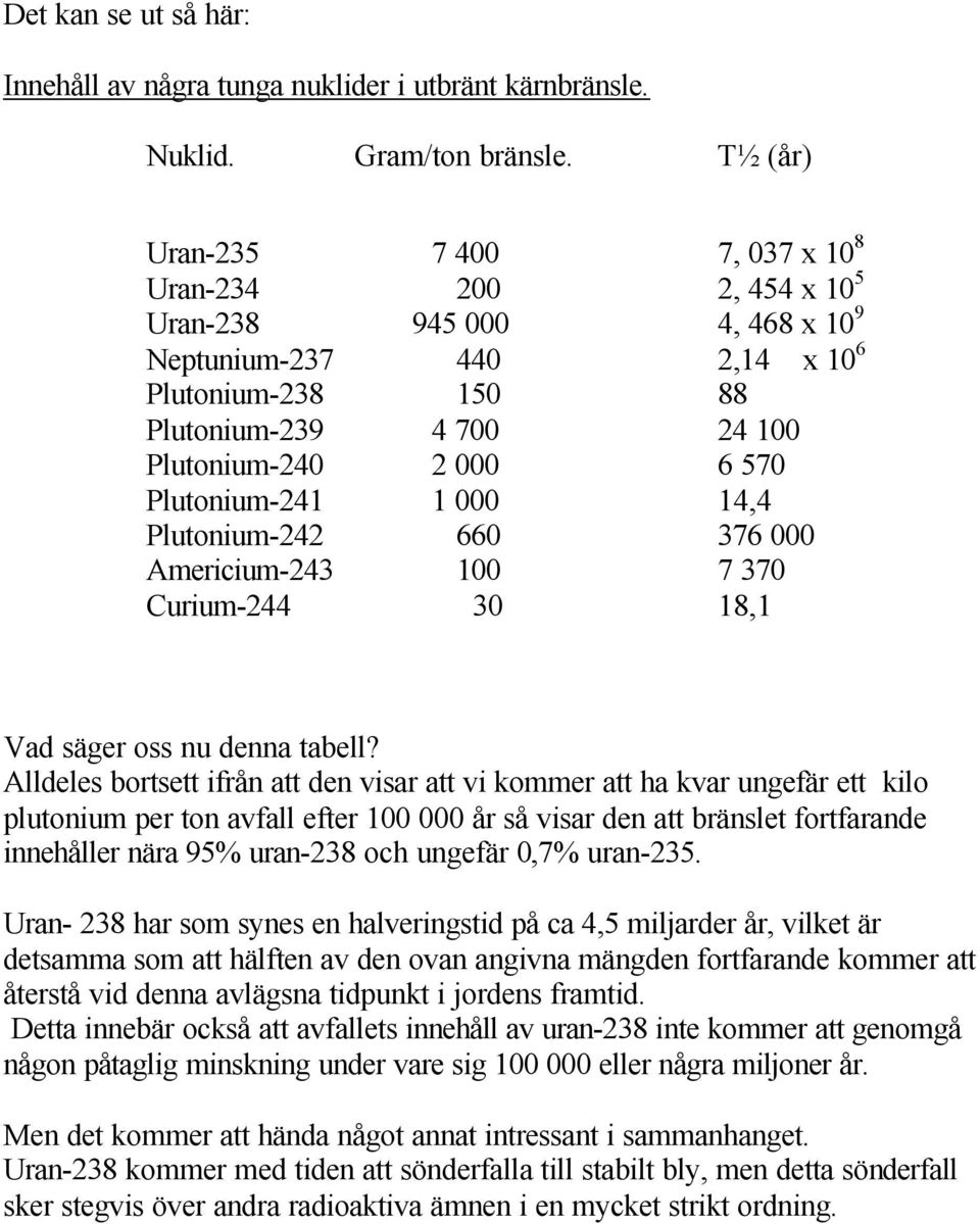 Plutonium-241 1 000 14,4 Plutonium-242 660 376 000 Americium-243 100 7 370 Curium-244 30 18,1 Vad säger oss nu denna tabell?