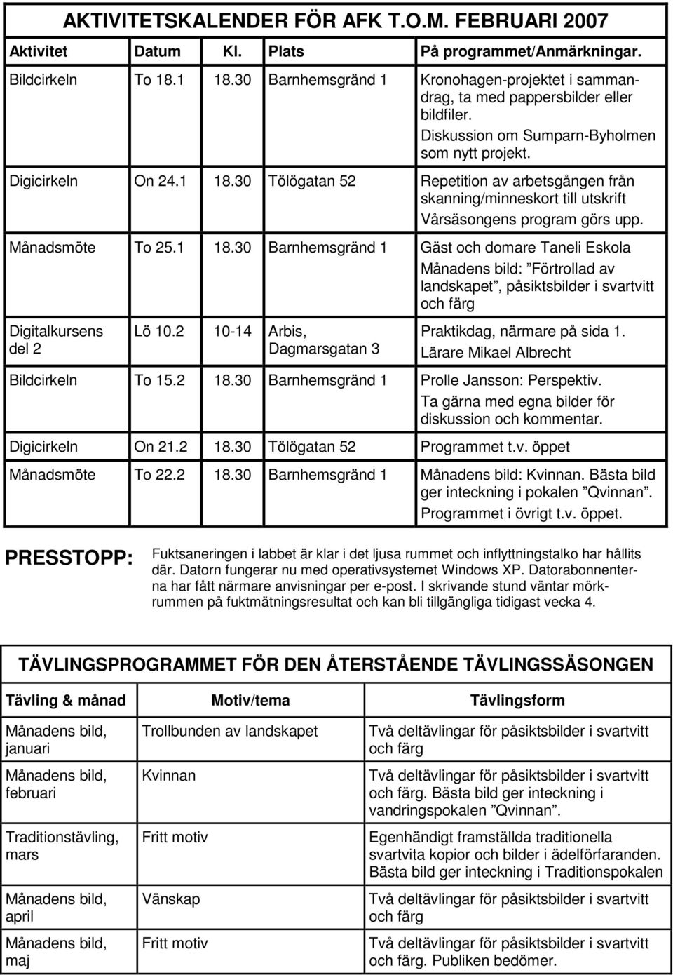 30 Tölögatan 52 Repetition av arbetsgången från skanning/minneskort till utskrift Vårsäsongens program görs upp. Månadsmöte To 25.1 18.