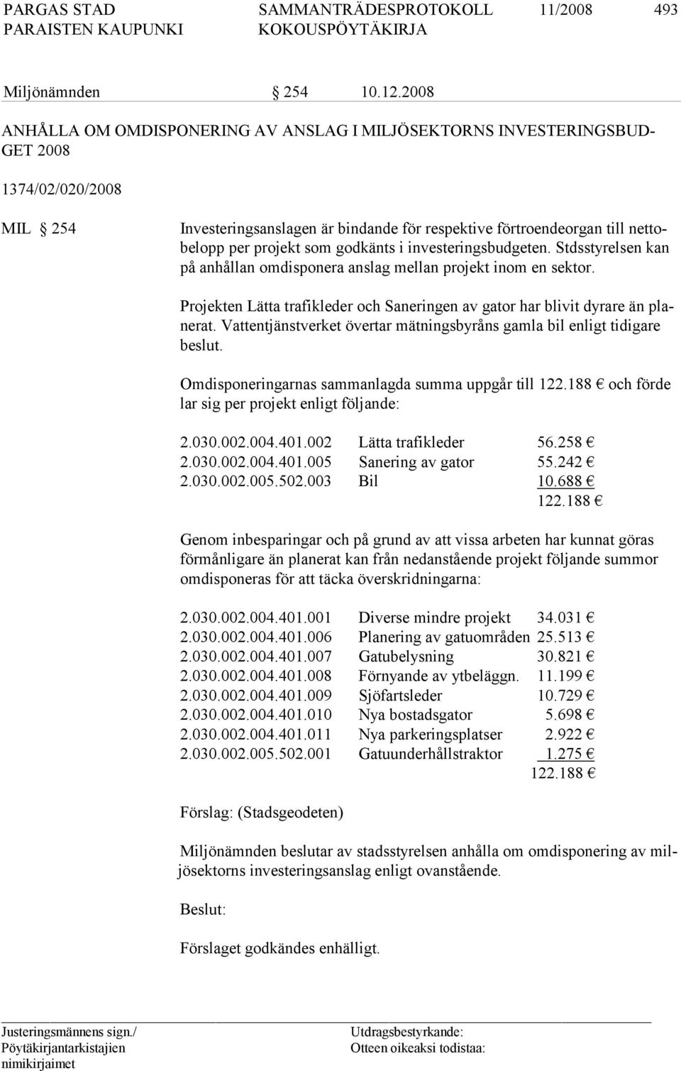 jekt som godkänts i investeringsbudgeten. Stdsstyrelsen kan på anhållan omdisponera anslag mellan projekt inom en sektor.