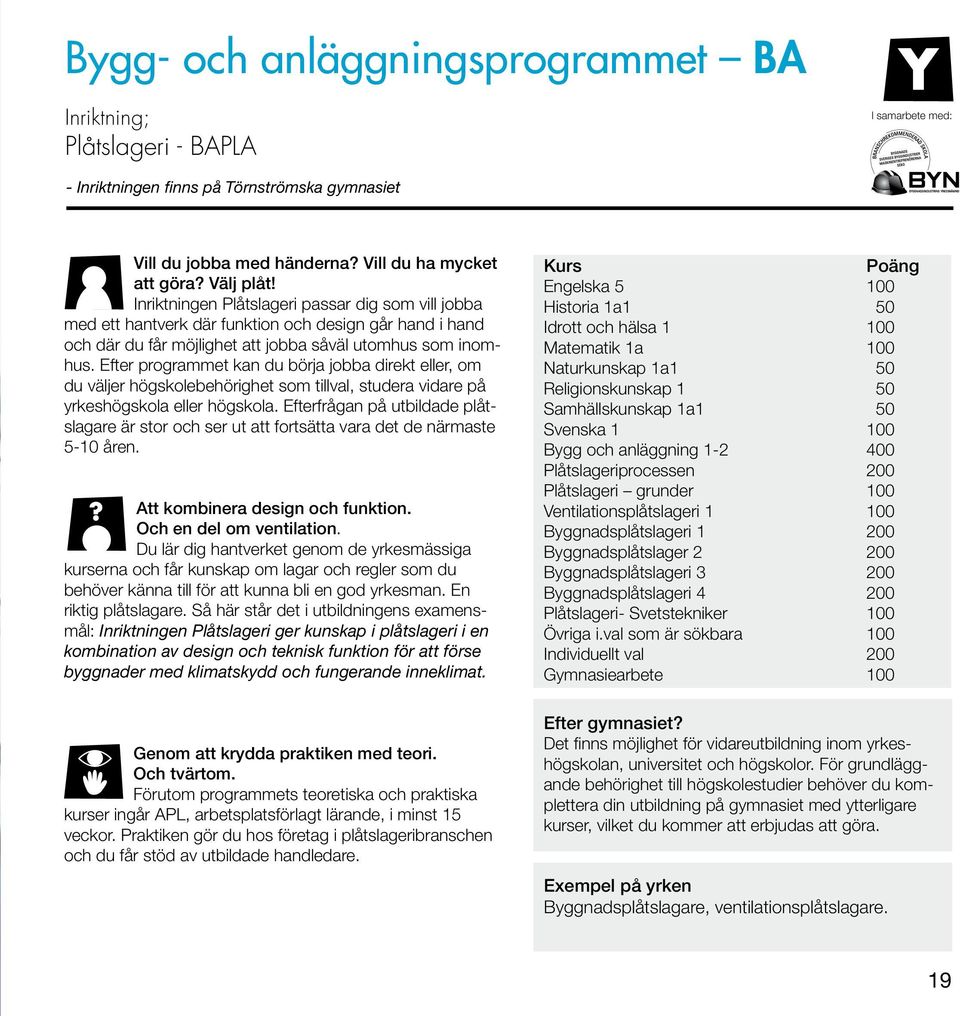 Efter programmet kan du börja jobba direkt eller, om du väljer högskolebehörighet som tillval, studera vidare på yrkeshögskola eller högskola.