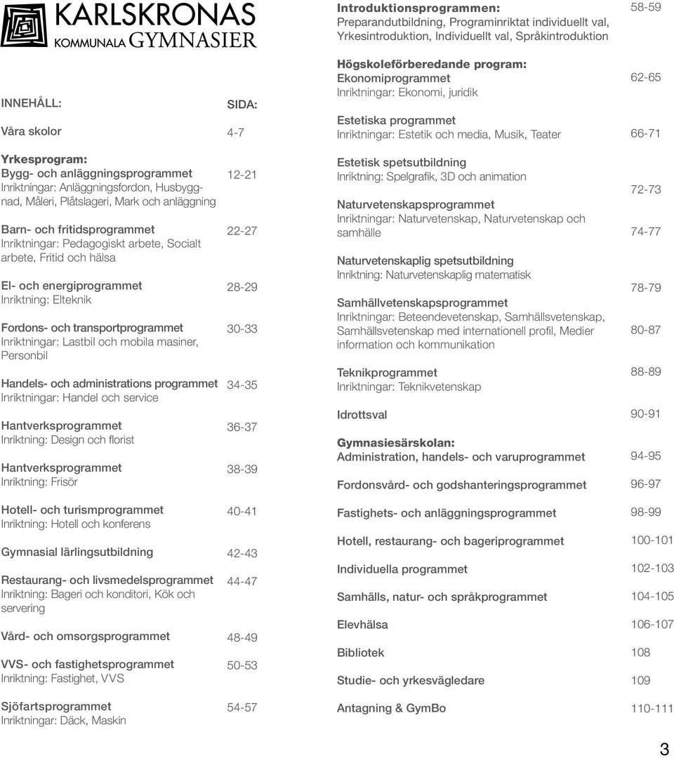 Anläggningsfordon, Husbyggnad, Måleri, Plåtslageri, Mark och anläggning Barn- och fritidsprogrammet Inriktningar: Pedagogiskt arbete, Socialt arbete, Fritid och hälsa El- och energiprogrammet