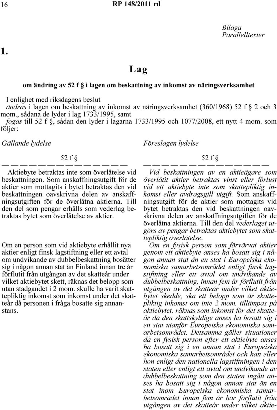 mom., sådana de lyder i lag 1733/1995, samt fogas till 52 f, sådan den lyder i lagarna 1733/1995 och 1077/2008, ett nytt 4 mom.