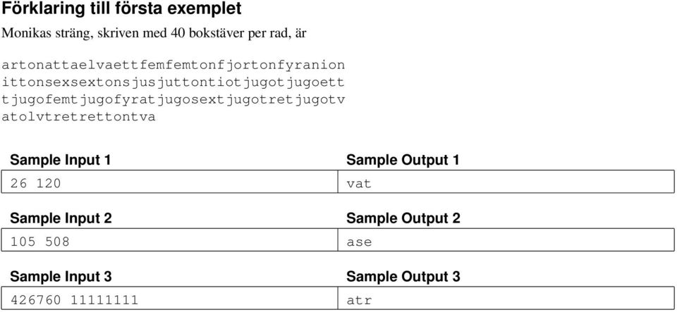 tjugofemtjugofyratjugosextjugotretjugotv atolvtretrettontva Sample Input 1 Sample Output 1