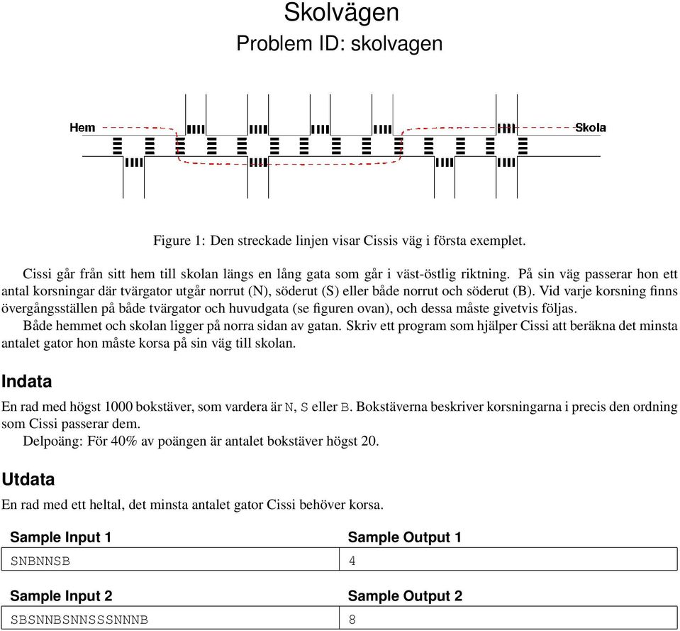 Vid varje korsning finns övergångsställen på både tvärgator och huvudgata (se figuren ovan), och dessa måste givetvis följas. Både hemmet och skolan ligger på norra sidan av gatan.