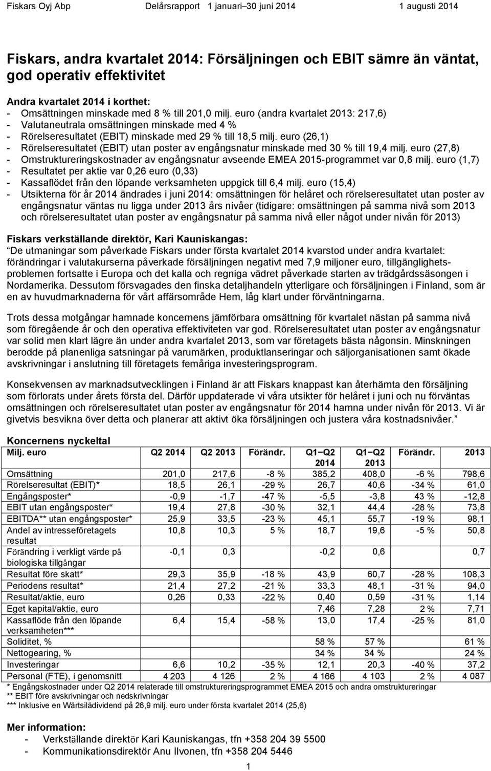 euro (26,1) - Rörelseresultatet (EBIT) utan poster av engångsnatur minskade med 30 % till 19,4 milj. euro (27,8) - Omstruktureringskostnader av engångsnatur avseende EMEA 2015-programmet var 0,8 milj.