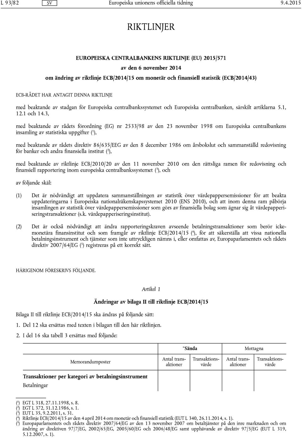 3, med beaktande av rådets förordning (EG) nr 2533/98 av den 23 november 1998 om Europeiska centralbankens insamling av statistiska uppgifter ( 1 ), med beaktande av rådets direktiv 86/635/EEG av den